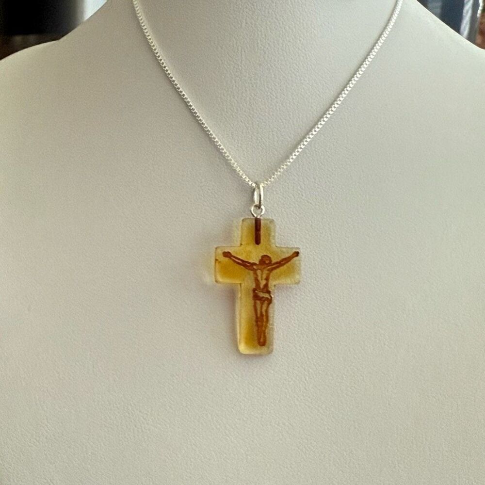 Cognac Amber Carved Cameo Cross Crucifix Pendant Sterling Silver Necklace
